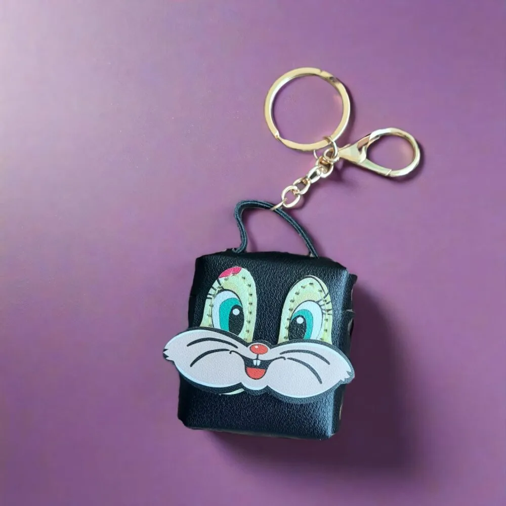 SDL - 1 Piece of Leather Material Earpod Rabbit Design Pouch with Keychain Rings