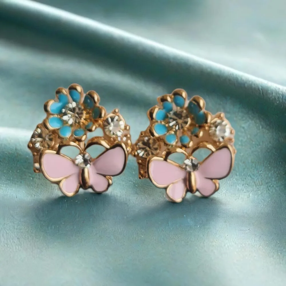 SDL - 1 Set of Beautiful Korean Earrings with Pink Butterfly Design