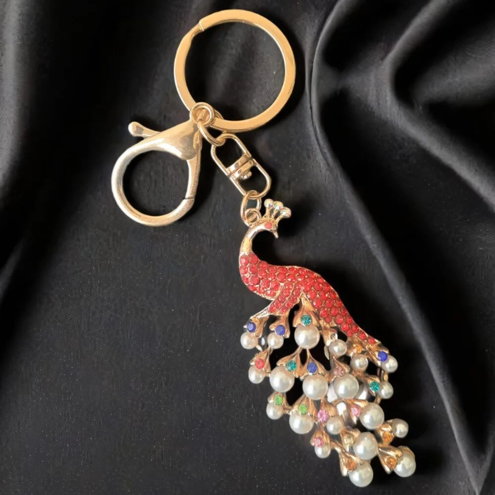 SDL - 1 Piece of Peacock Design Stone Studded Unique Keychain for Ladies and Girls