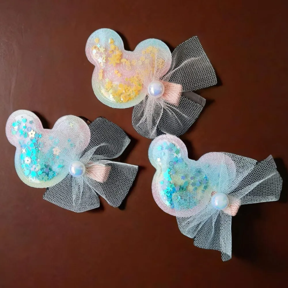 SDL - 1 Piece (Random Color) of Teddy Design with Water Glittery Type Hair Clips for Kids and Girls