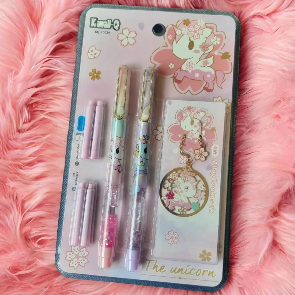 SDL Unicorn Design Cartridge Pen Gift Set | 2 Pens + Cartridges + Keychain for Students