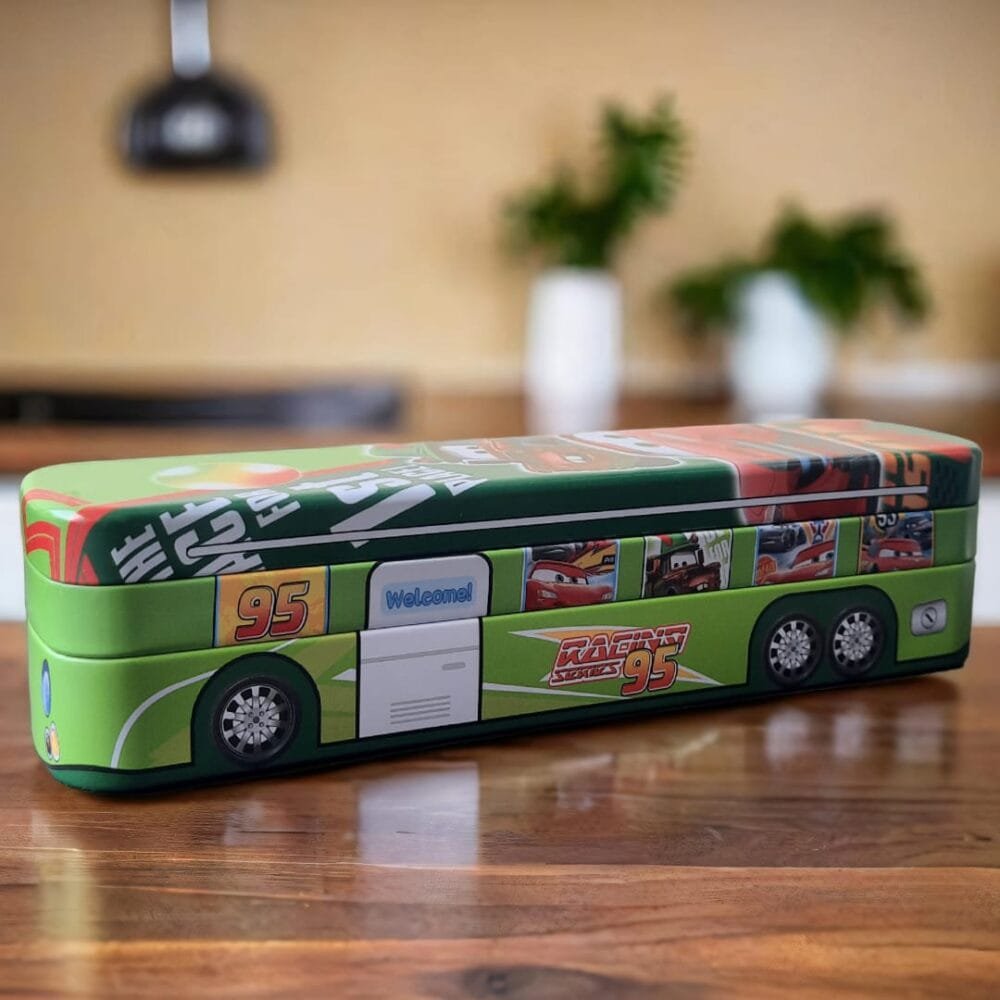 SDL Premium 2-Layer Bus-Shaped Metal Pencil Box for Kids | School Supplies Organizer