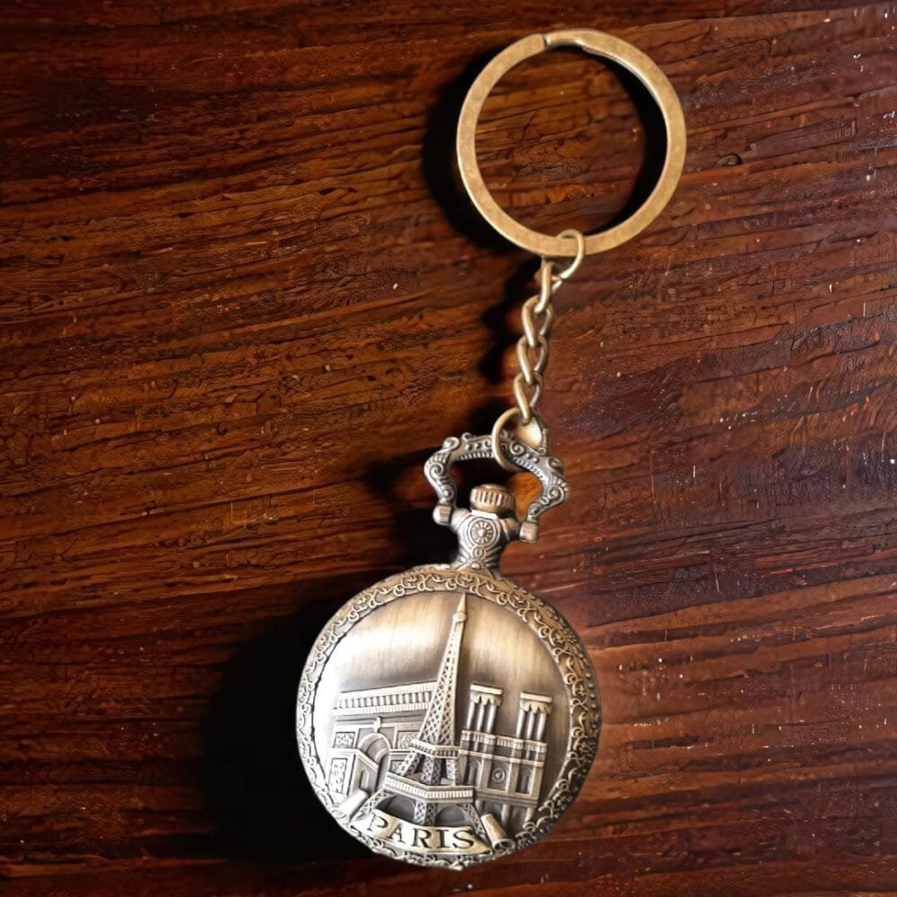 SDL Premium Parris Eiffel Tower Print Design Vintage Metal Active Clock Keychain for Gifts and Aesthetic Use Unisex