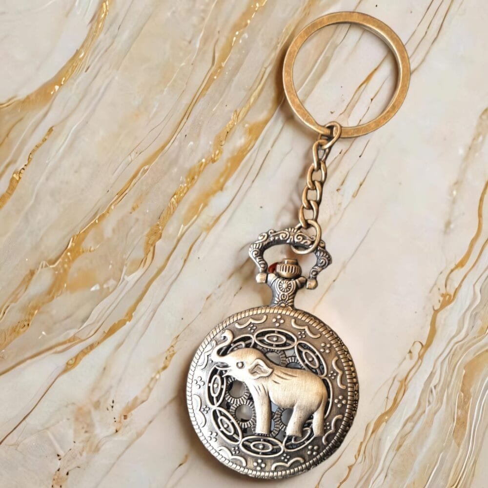 SDL Premium Elephant Print Design Vintage Metal Active Clock Keychain for Gifts and Aesthetic Use Unisex