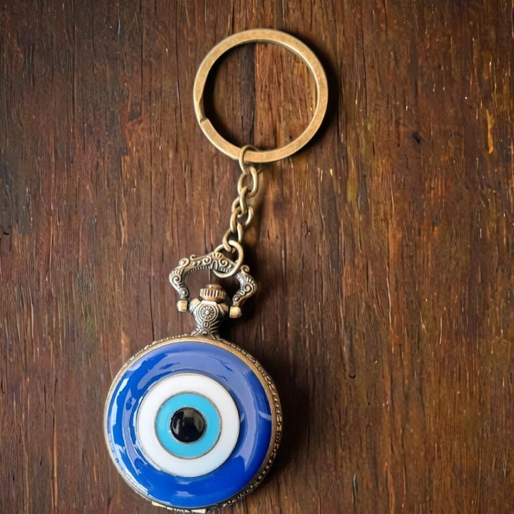 SDL Premium Evil Eye Colored Print Design Vintage Metal Active Clock Keychain for Gifts and Aesthetic Use Unisex
