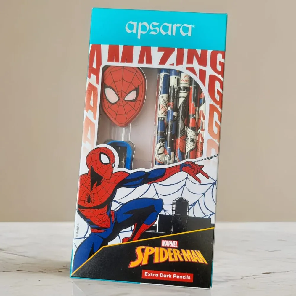 SDL Premium Apsara Spiderman Theme 10 pieces Dark Pencils with Spiderman Eraser, Sharpener and Cap Gift Set Box