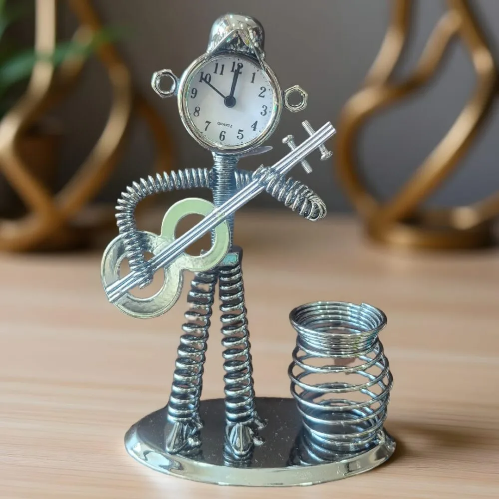 SDL Premium Spring Man with Guitar Instrument Pencil or Pen Holder for Offices or House Gifts with Active Clock