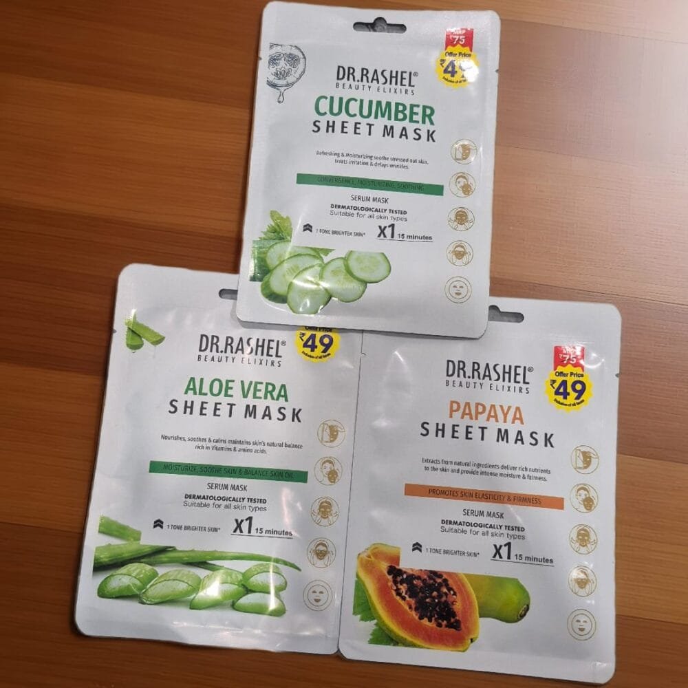 SDL 3 Piece of Dr.Rashel Face Serum Sheet Mask for Adults De-Tan with 3 Flavors | Cucumber | Aloe Vera | Papaya