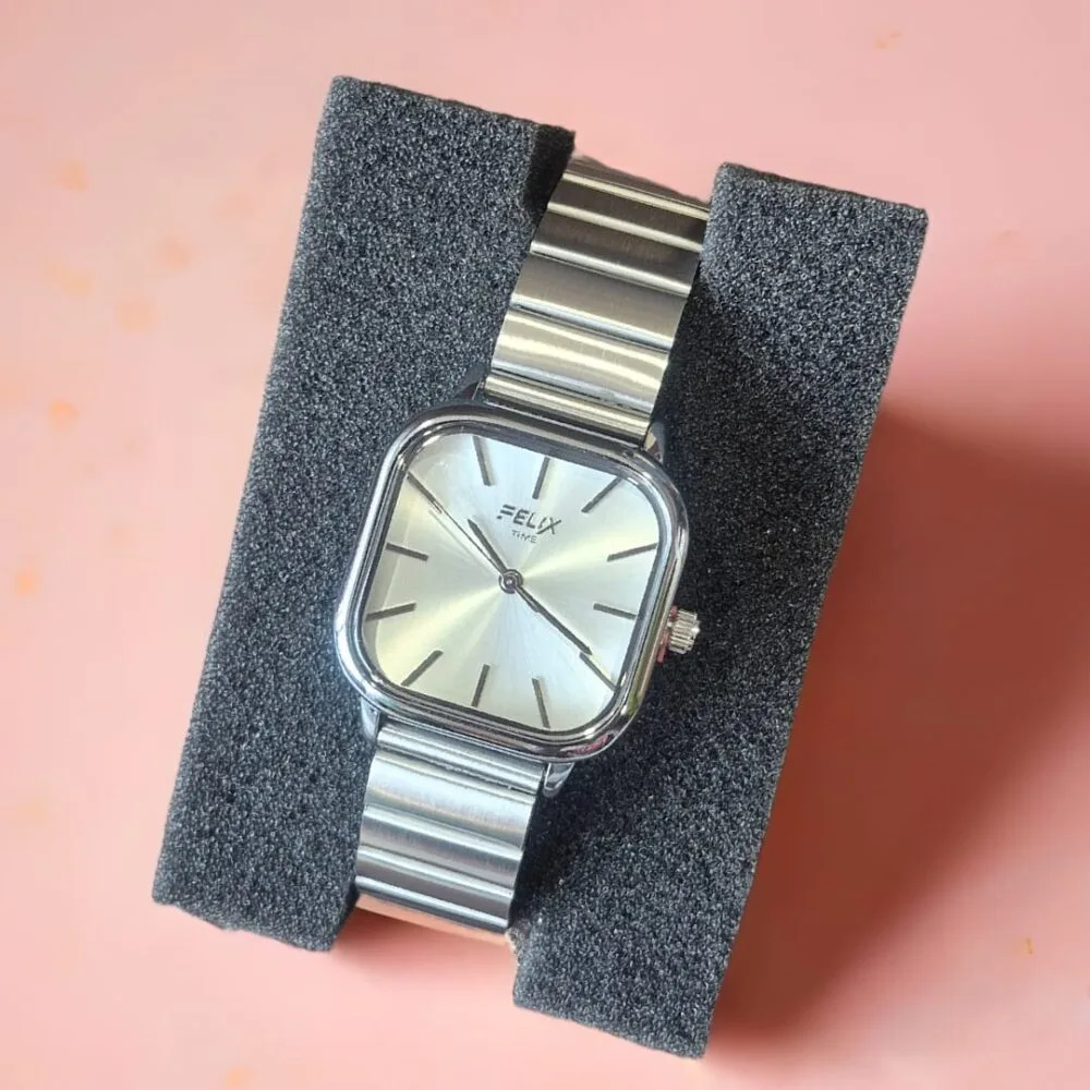 SDL Premium Metal Chain Type Square Dial Felix Brand Watch for Ladies Office Goers and Party Wear (White)