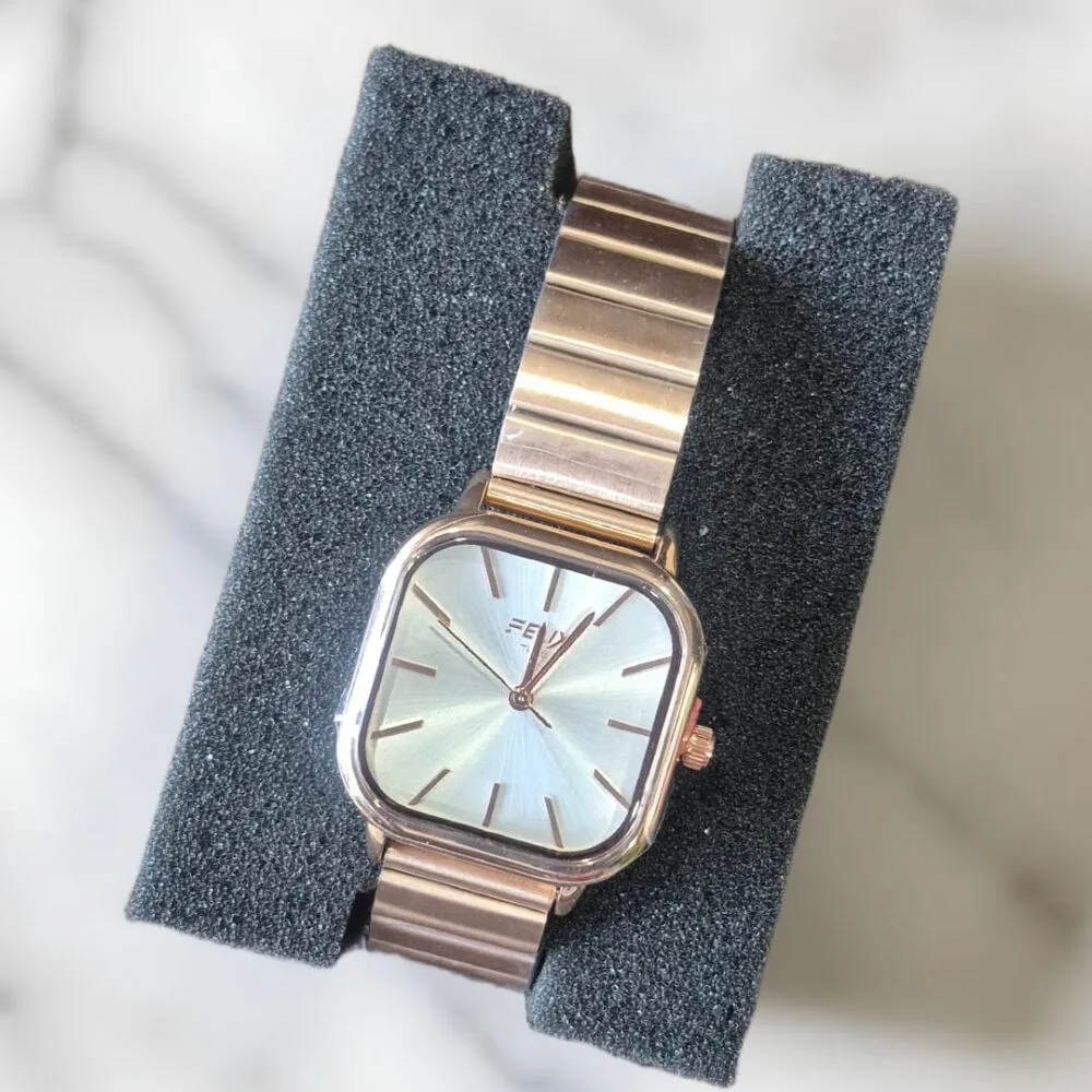 SDL Premium Metal Chain Type Square Dial Felix Brand Watch for Ladies Office Goers and Party Wear (Rose Gold)