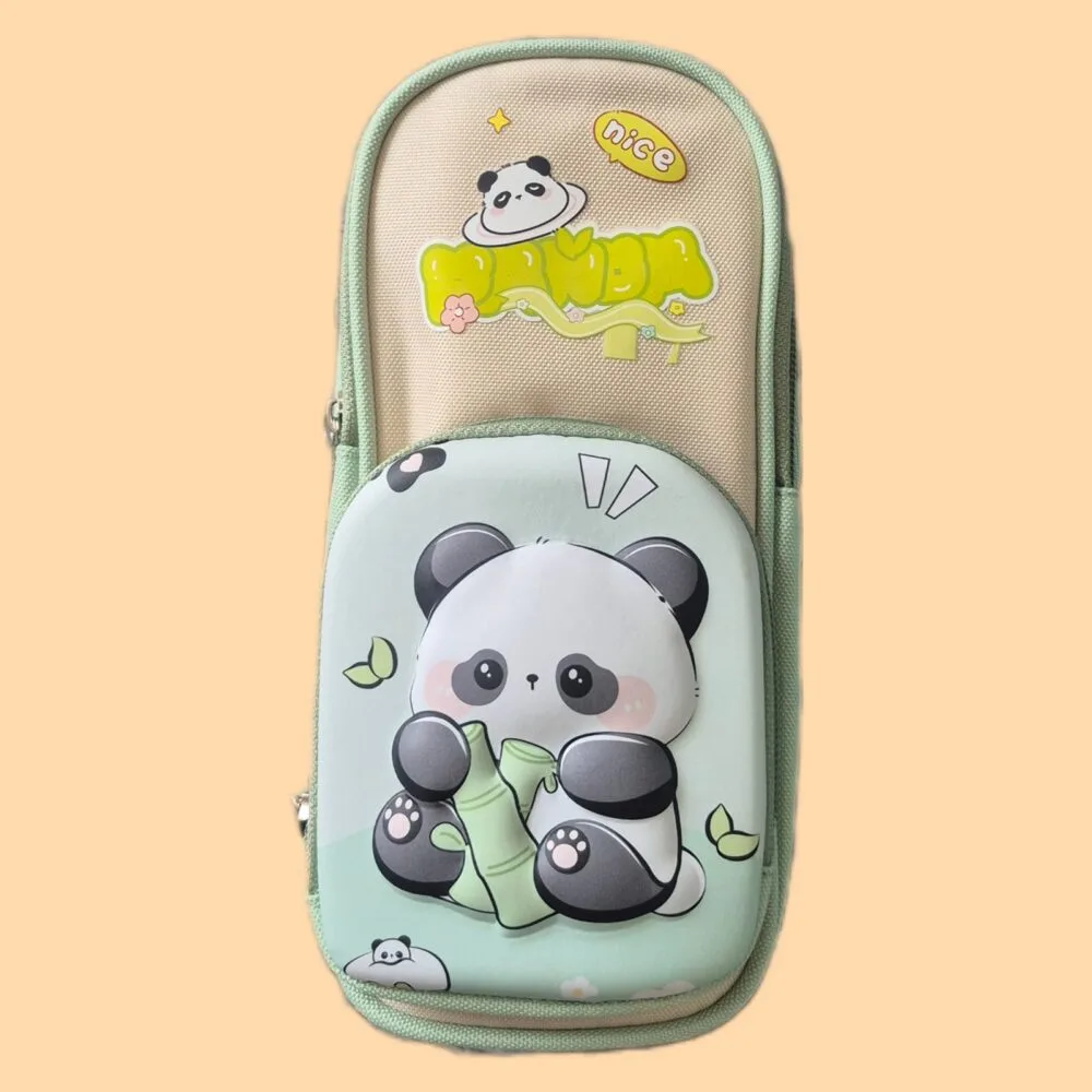 SDL Premium Panda (Green) Design Cloth Pencil Pouch for Kids School Supplies