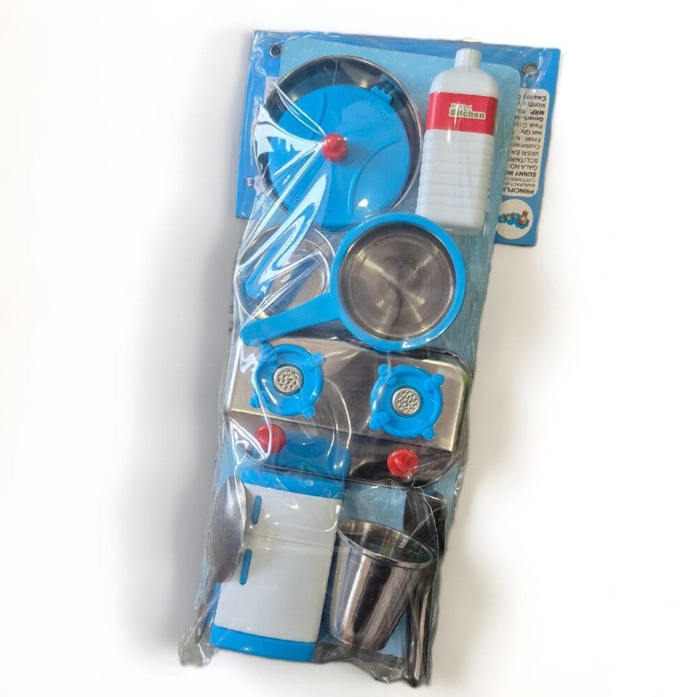 SDL - A Premium Set of Stainless Steel and Silicone Plastic Kitchen Set for Kids Fun and Indoor Play (Blue)