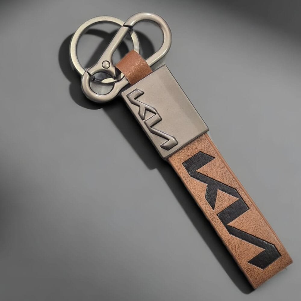 SDL 1 Piece of Premium KIA Printed Tag Keychain Gunmetal Finish, Brown Leather Strap, Metal Hook Design, Modern Minimalist Style OG Edition