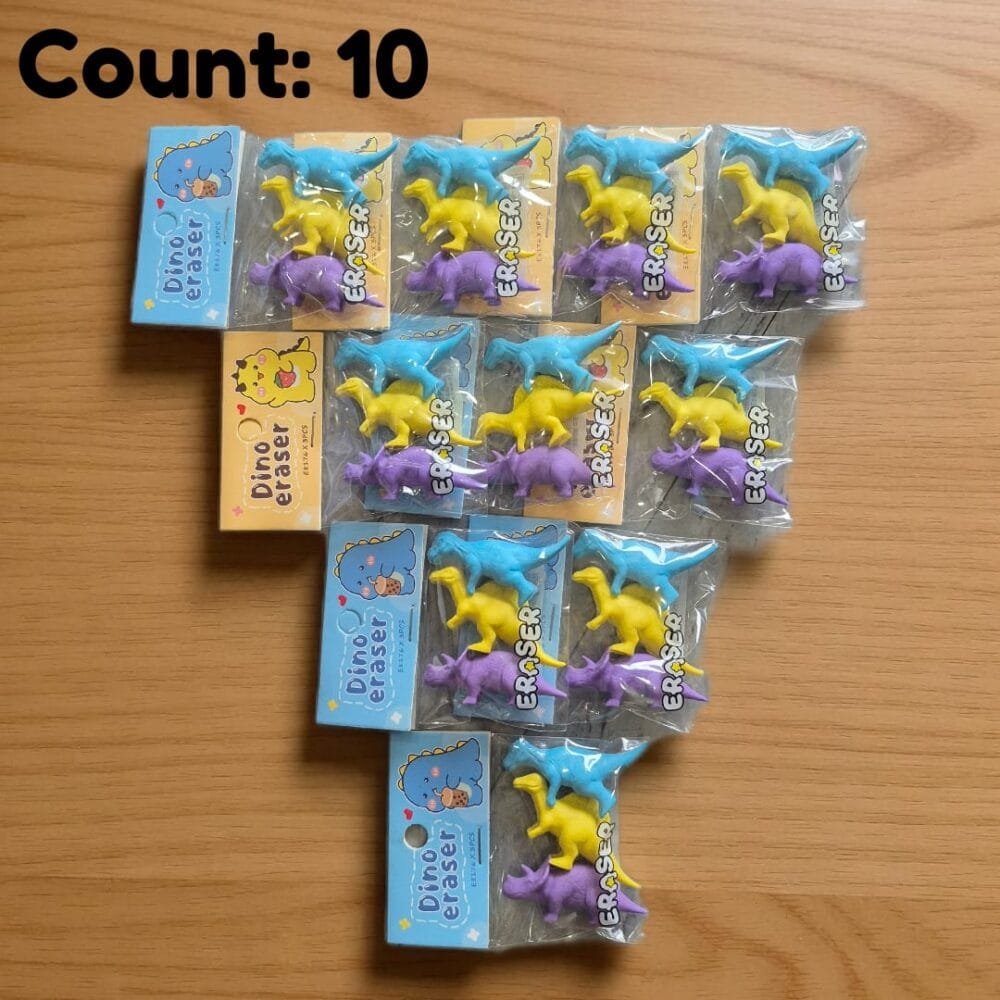SDL 10 Packets of Dino Themed 3pcs Pack Erasers for Kids Gifts and Return Gifts