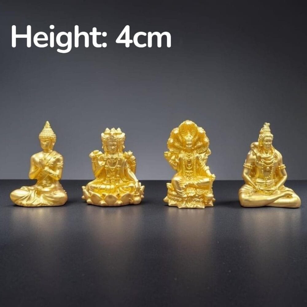 SDL 4 Pieces of Cute Golden Precise God Miniature of Buddha, Shiva, Brahma and Vishnu of Height 4cm for Office Decors and Return Gifts