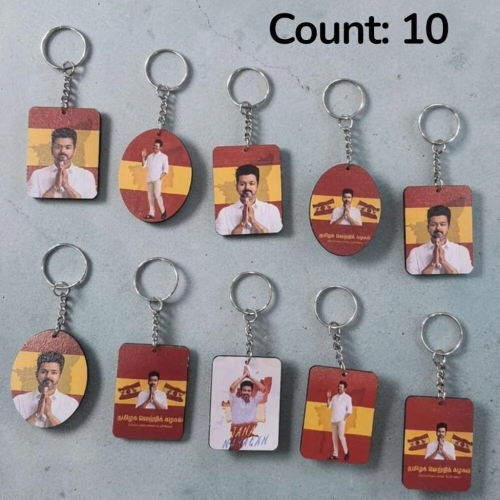 SDL 10 Pieces of Lightweight Wood Material Random Design TVK and Vijay Printed Keychain for All Key Types