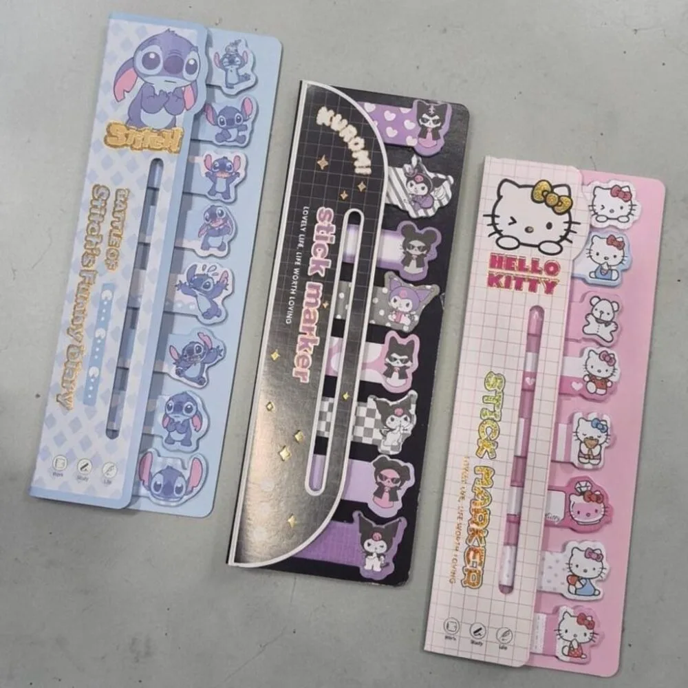 SDL 3 Cards of Cute Premium Stitch, Kuromi and Kitty Themed Self Sticky Notes for Gifts