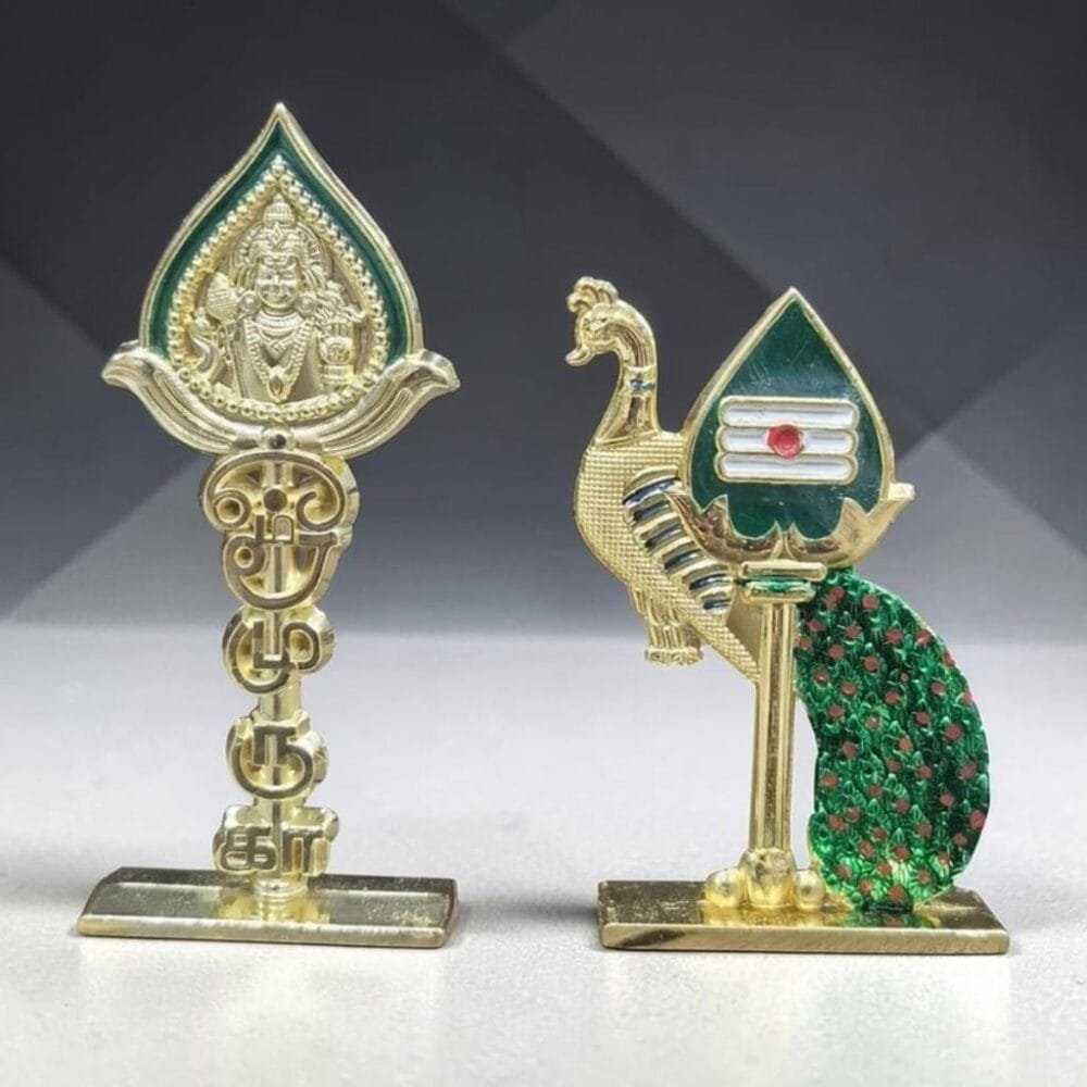 SDL 2 Pieces of Heavy Weight Metal Om Muruga Vel and Peacock Idol Figurine for Gifts and Home & Puja Room Decors