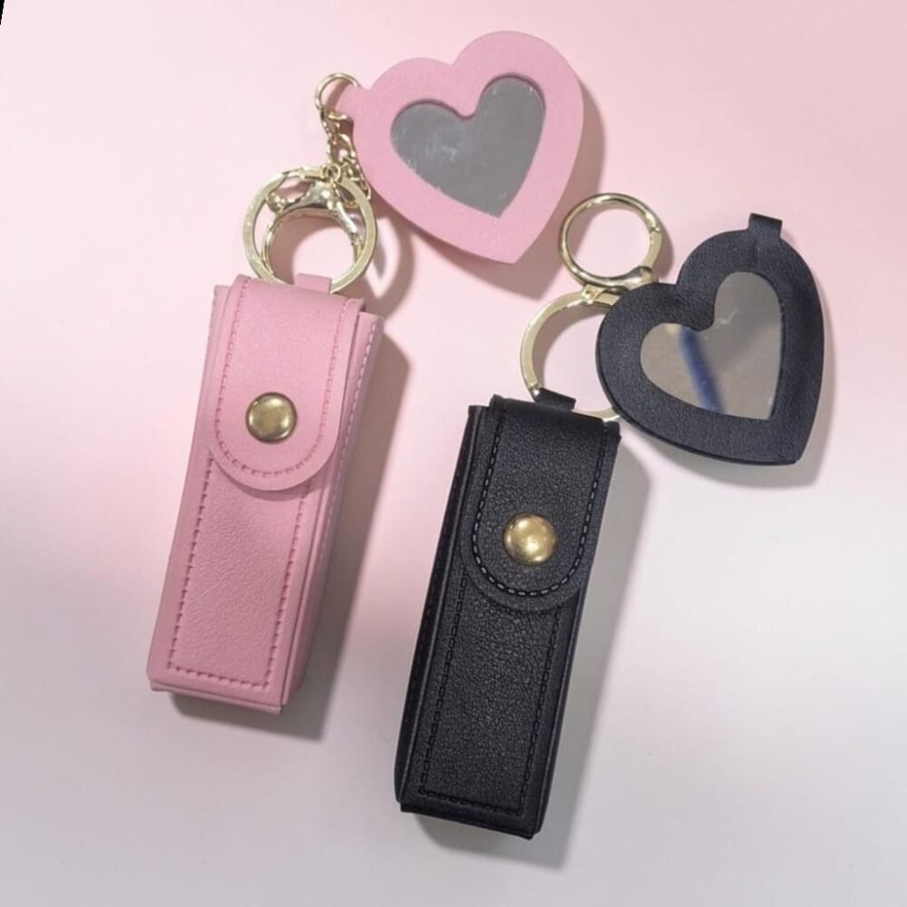 SDL 2 Pieces of Cute Lipstick or Nail Polish Holder with Keychain Keyring for Bags and Giftings (Baby Pink & Black)